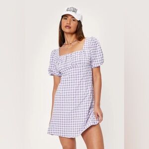 Nasty Gal Ruched Bust Gingham Puff Sleeve Mini Dress Purple S